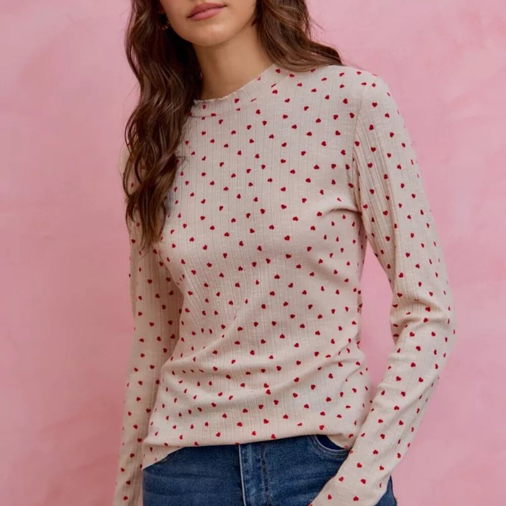 SO ME Ditsy Heart All Over Slub Rib Knit Valentine Top - Picture 6 of 7